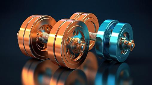 蓝色图盘背景背景图片运动和健身器材3d渲染金属橙色哑铃蓝色背景上